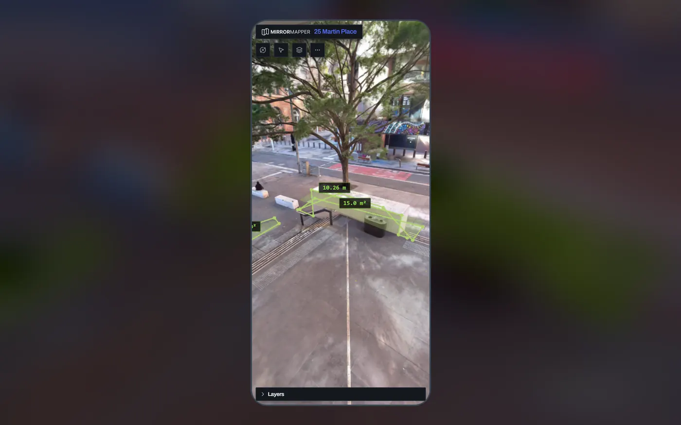 A photoreal scan of Martin Place, Sydney, with measurements, open in a phone browser