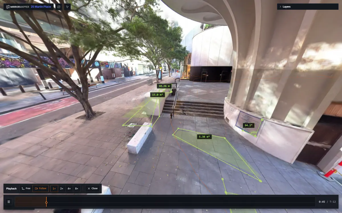 Scan playback following the capture route through Martin Place, with the playback timeline below