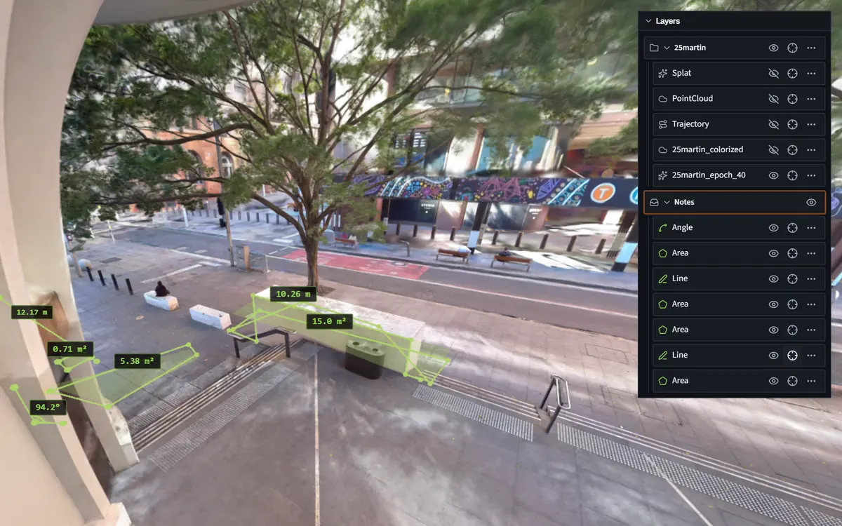 Measurement notes on a photoreal scan of Martin Place, listed in a Notes folder in the layers panel